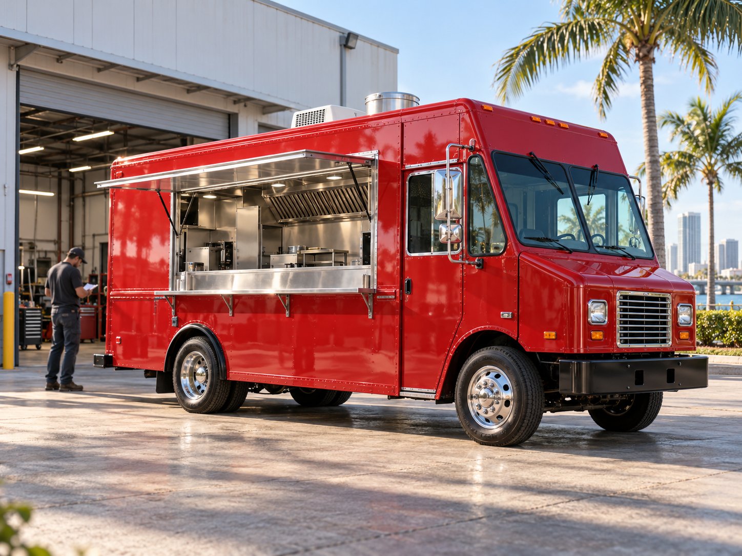 Food truck terminado frente a un taller
